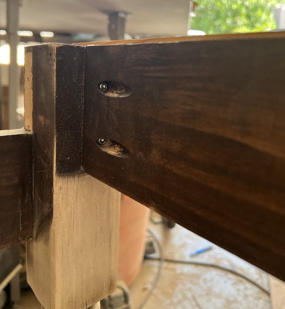 close up view of the pocket hole and joinery to the back of the vanity leg